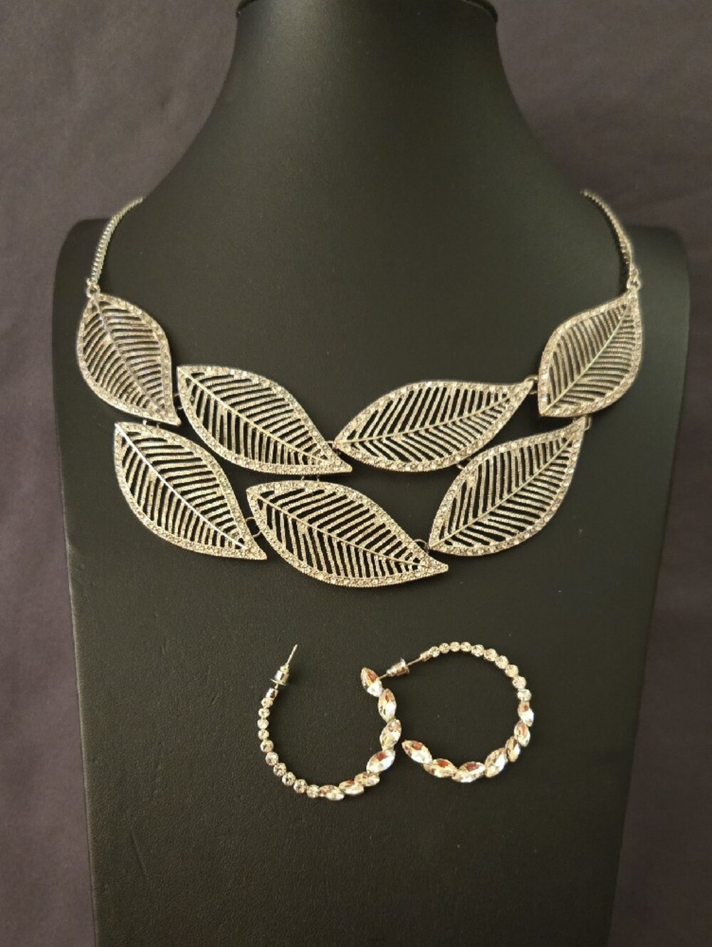 Silver Leaf Statement Necklace Set with Crystal Hoop Earrings and Bracelet